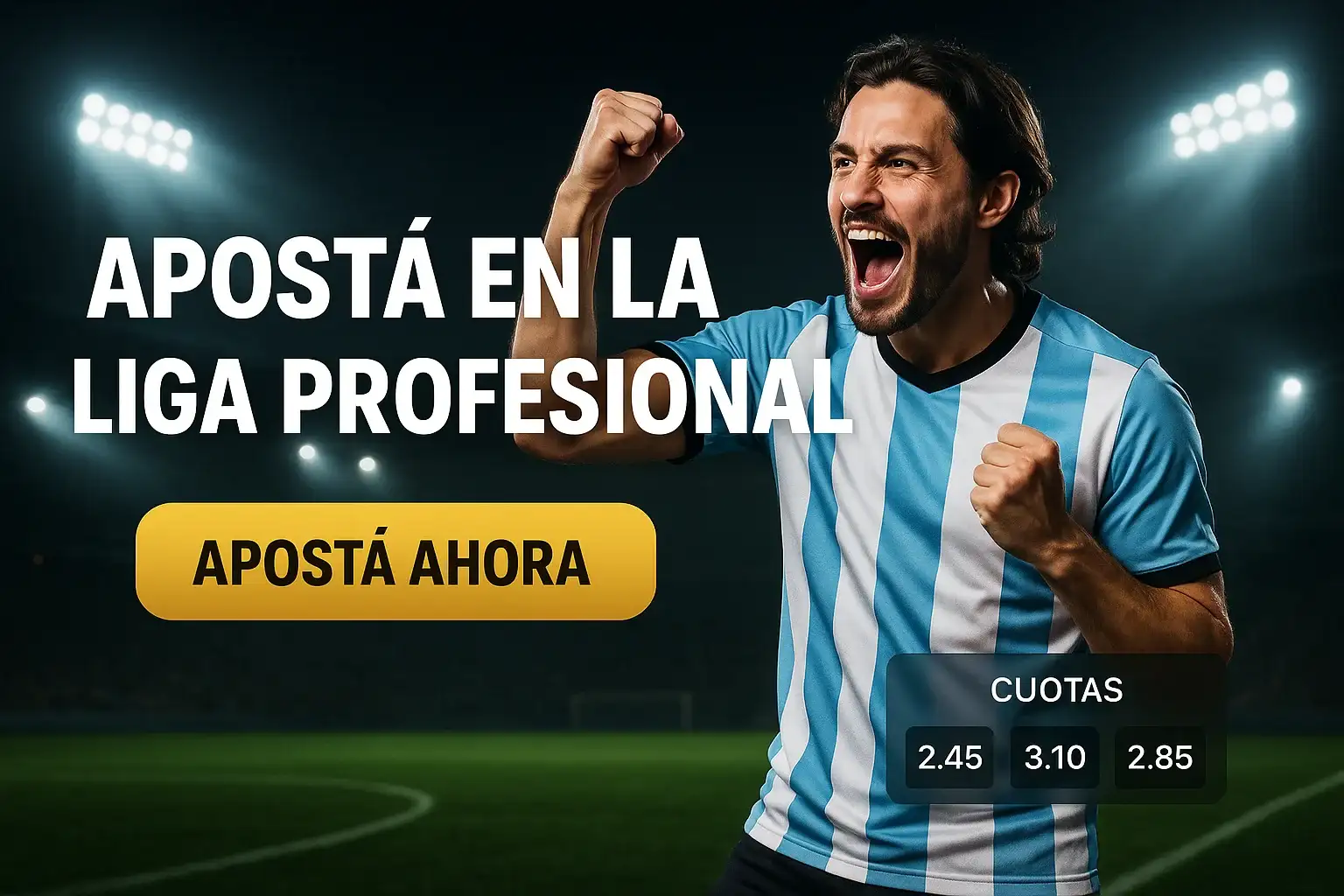 Casino banner with Argentine football fan celebrating on green field with stadium lights and betting odds